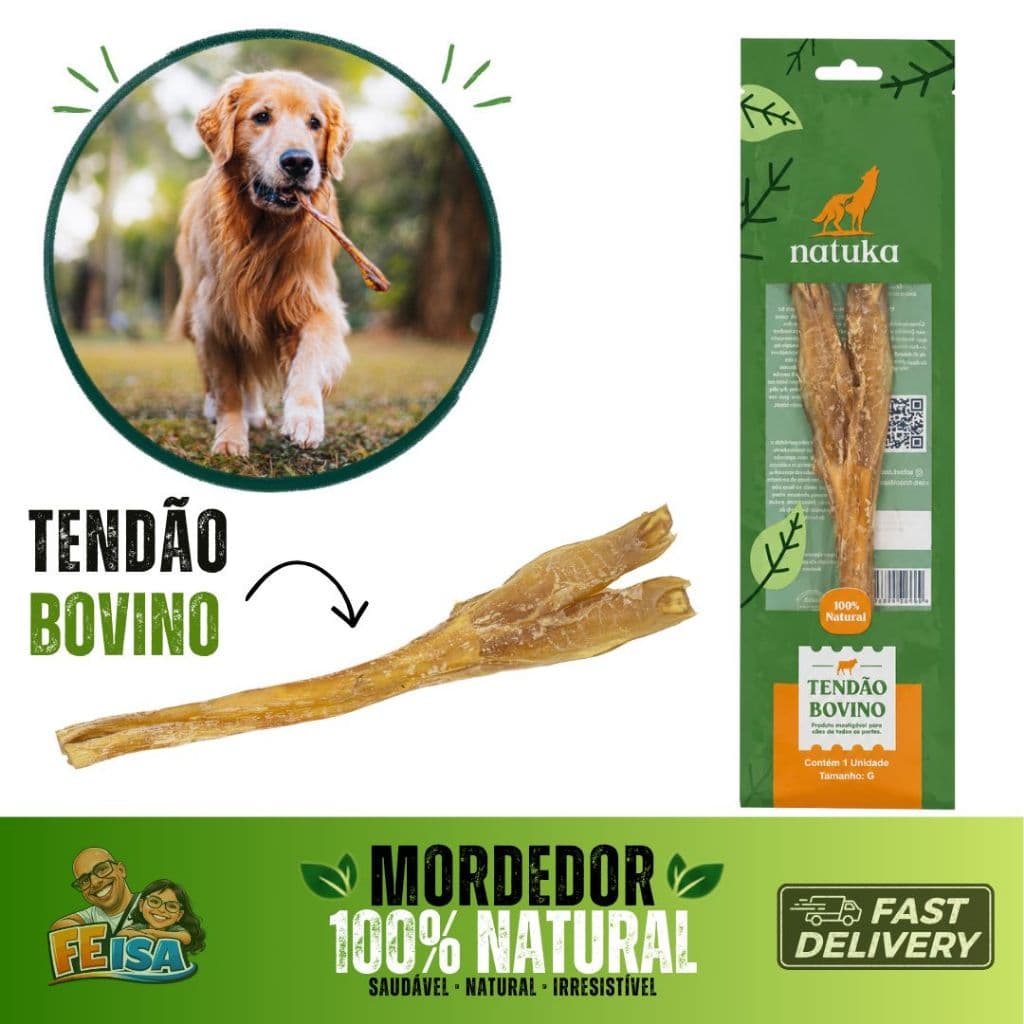 Petisco Mordedor Tendão Bovino Natuka 100% Natural p/Cães Desidratado Rico Colágeno Enriquecimento Ambiental 1Un
