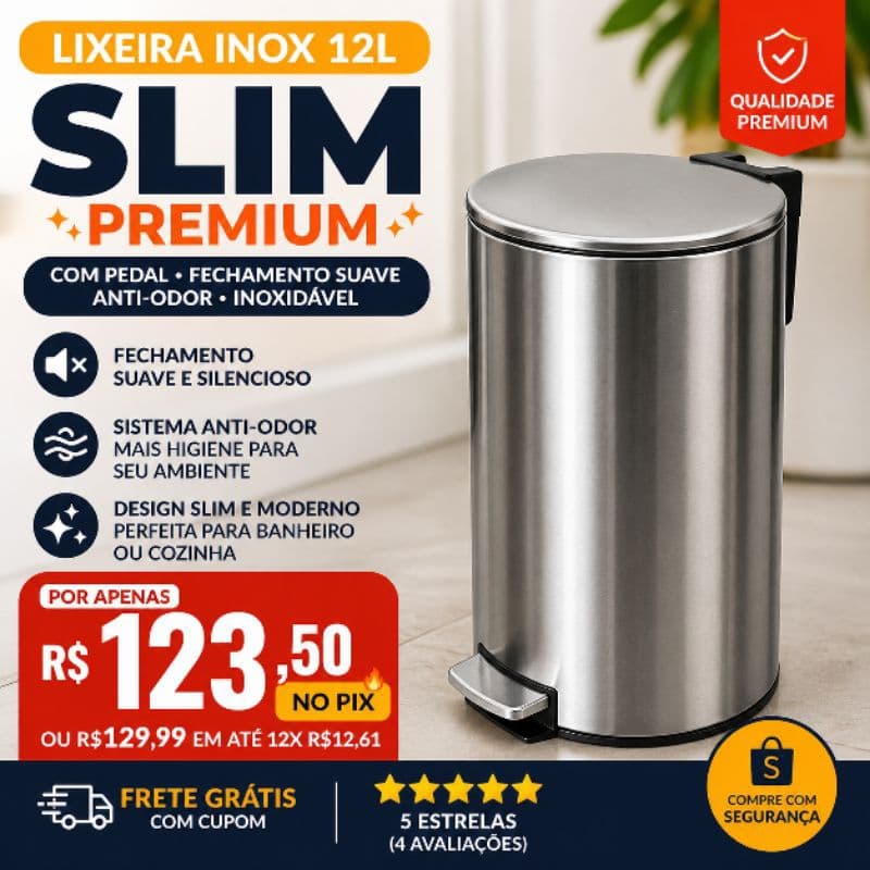 ✨ Lixeira Inox 12L Slim Premium Banheiro Cozinha C/ Pedal Fechamento Suave Anti-Odor Inoxidável ✨