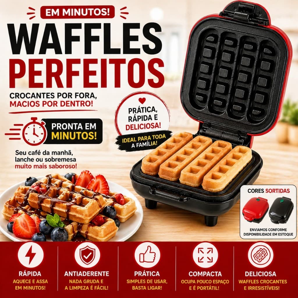 Mini Máquina de Waffle 110V Compacta Antiaderente Rápida Waffleira Elétrica Portátil