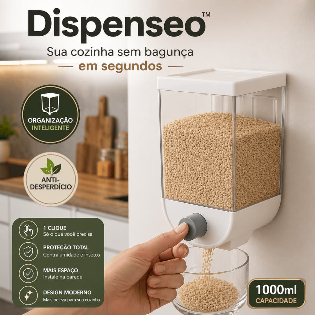 Dispenseo™ Organizador Dispenser de Grãos Parede 1000ml com Dosador