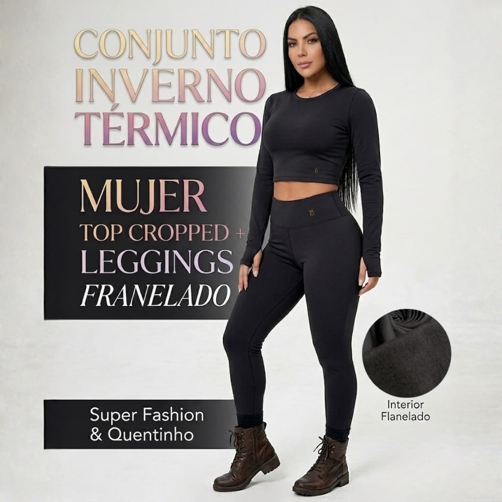Conjunto Inverno Feminino Cropped Manga Longa em Lycra Flanelada c/ Abertura para Polegar + Legging Térmica | Modela o C