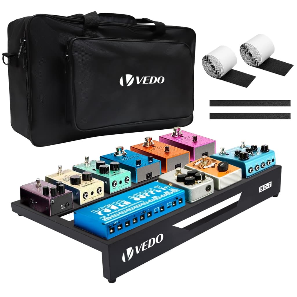 Pedalera para guitarra em liga de alumínio com compartimentos para pedais de efeito, espaço de armazenamento e cabo de