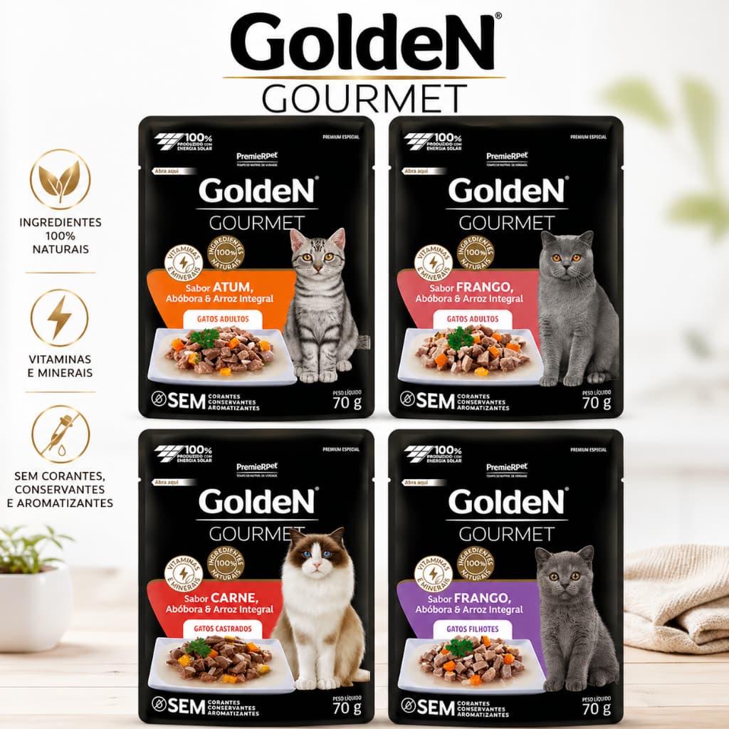 Sachê para Gatos Ração Úmida Golden Gourmet 70g | Vários Sabores | Kit 5/10/15/20 un