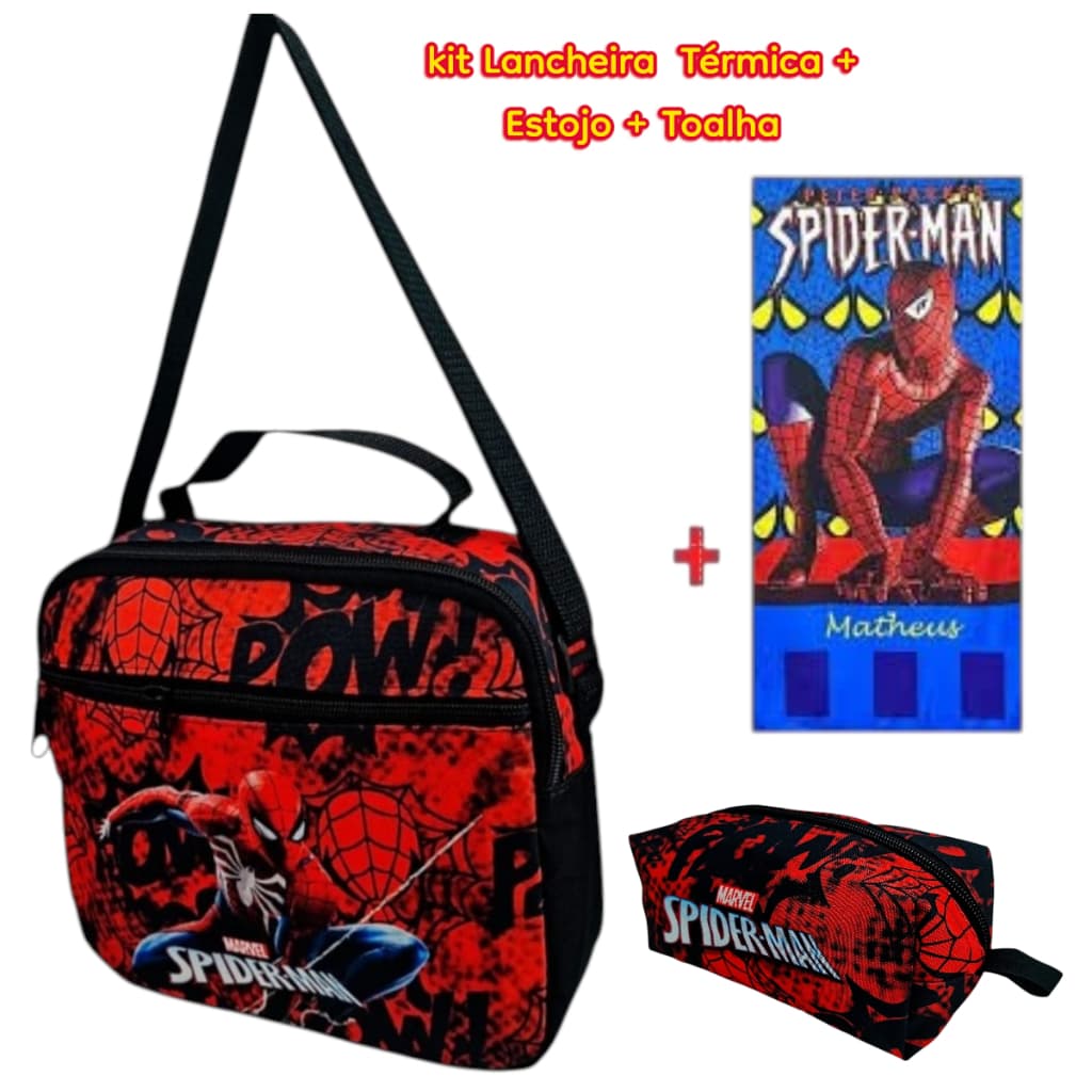 Kit Lancheira Térmica Homem Aranha + Estojo + Toalha