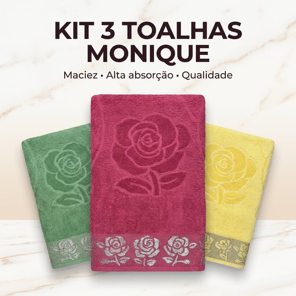 Kit 3 Toalhas de Banho Monique Macia Jacquard e Grande 70x140cm 100% algodão