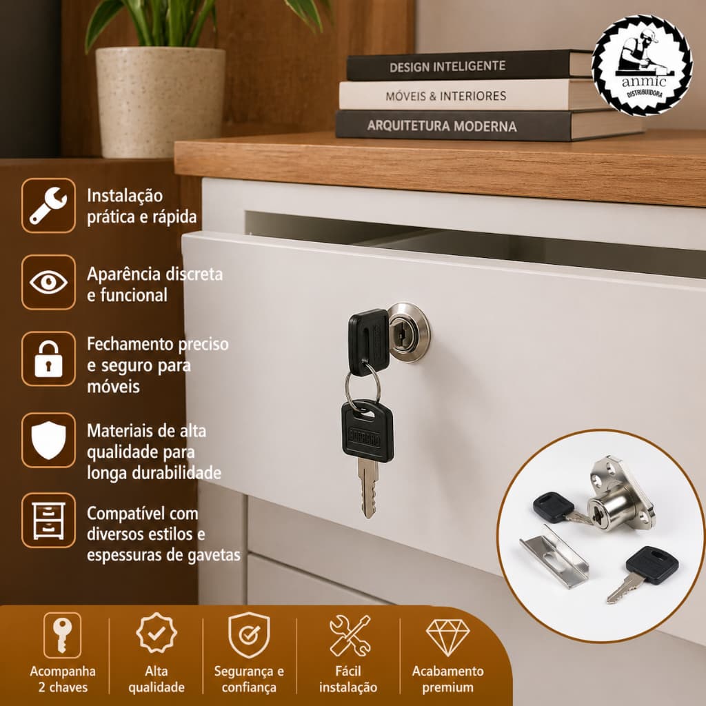 Fechadura Tambor Para Gaveta Armario Renna 22mm 31mm Com Batente Chaves Kit 1 2 3 4 5 A 10 Unidades