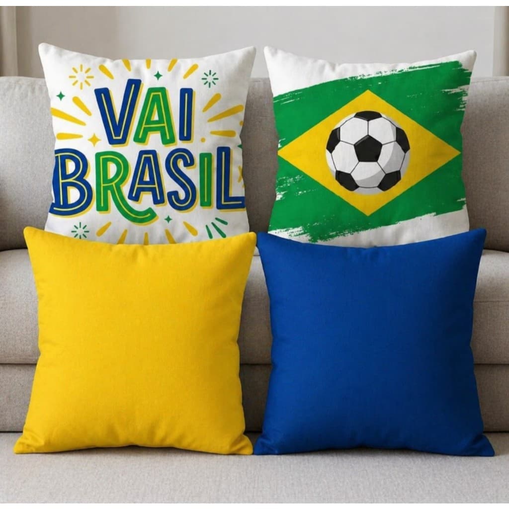 Kit 4 Capas de Almofada -Brasil Copa do Mundo Estampa Bandeira Seleção Decoração Futebol c/ Zíper Fabricação Própria