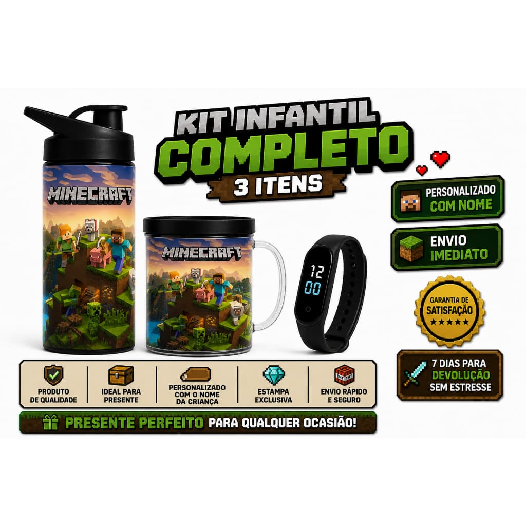Kit MINECRAFT – Garrafa, Copo e Relógio Digital | Presente, Aniversário, Dia das Crianças, Natal