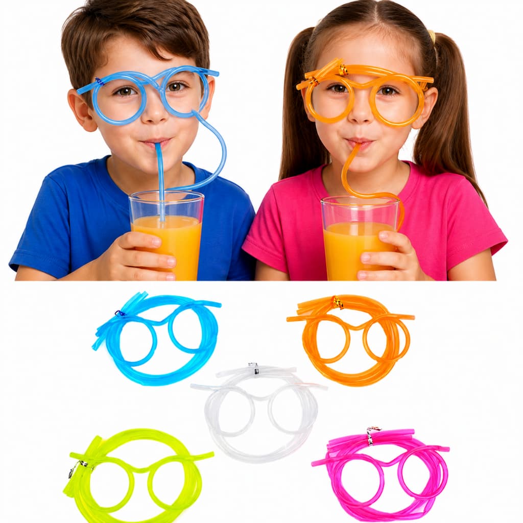 Óculos Canudo Divertido Infantil para Beber Suco | Kit Colorido Reutilizável Festa Criança