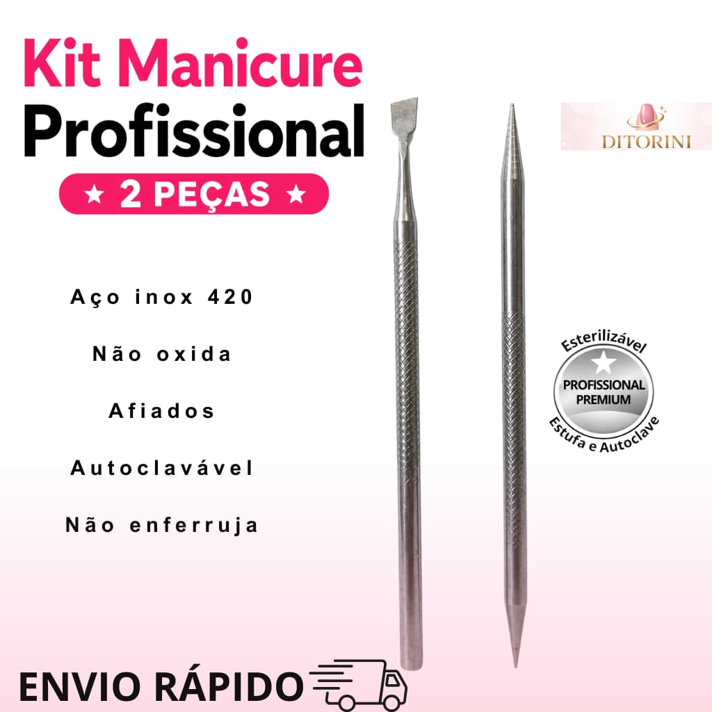 Afastador de Cutícula Inox 420 + Palito Duplo Profissional Manicure Esterilizável