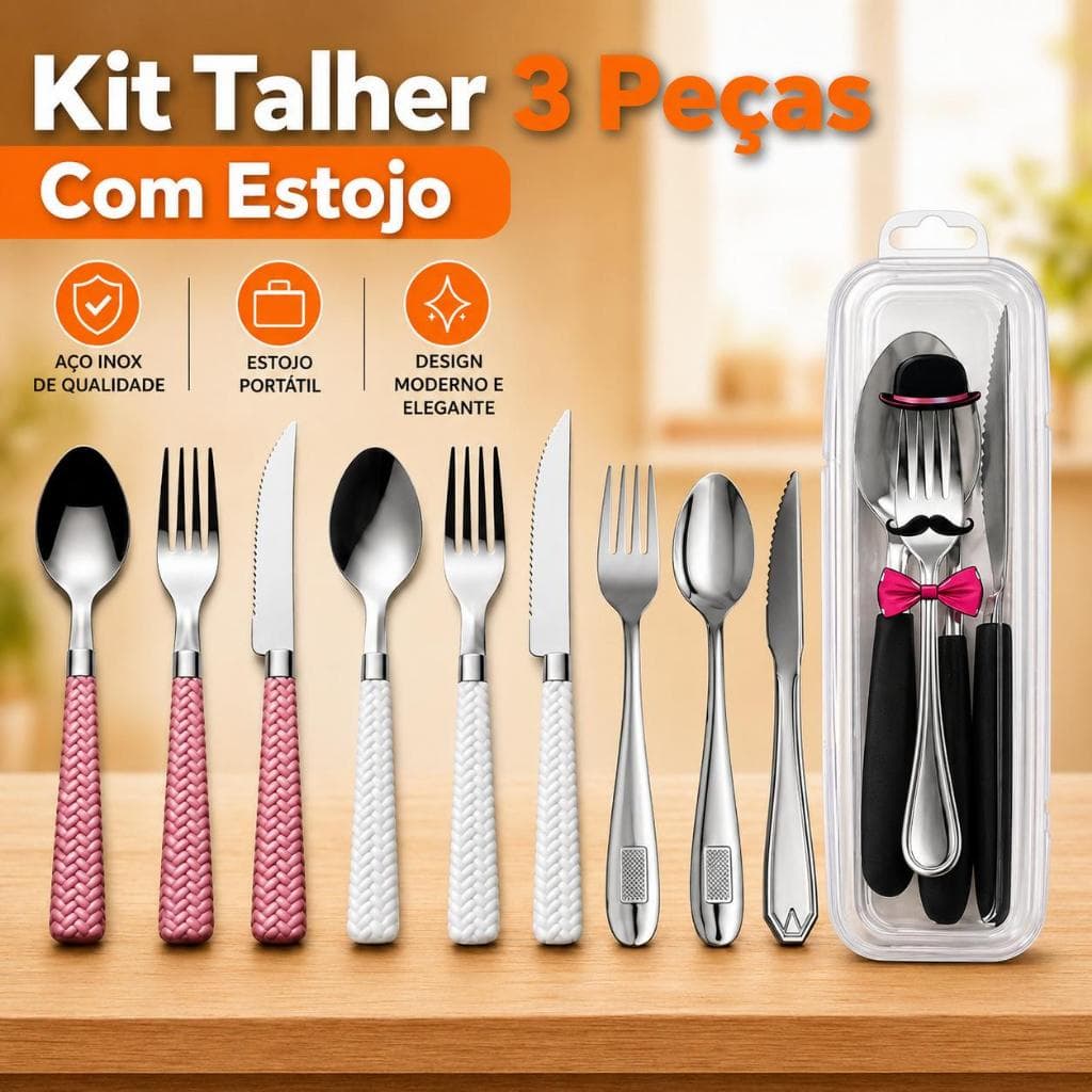 Kit Talher Portátil Com Estojo Higiênico Garfo Faca Colher Inox Para Marmita Trabalho Escola Viagem