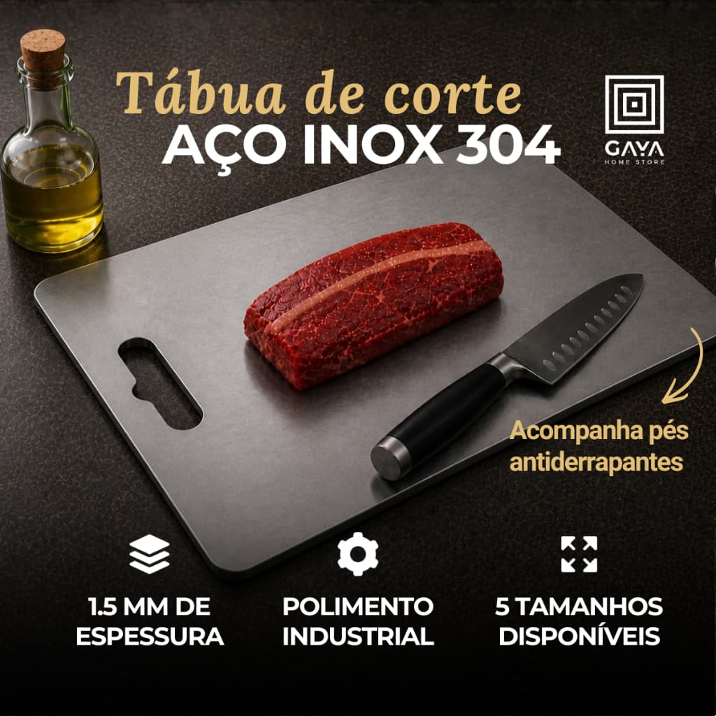 🇧🇷 Tábua de Corte Aço Inox 304 Nacional | 1.5mm | Antibacteriana | PP 25x15 P 30x20 M 35x25 G 45x30