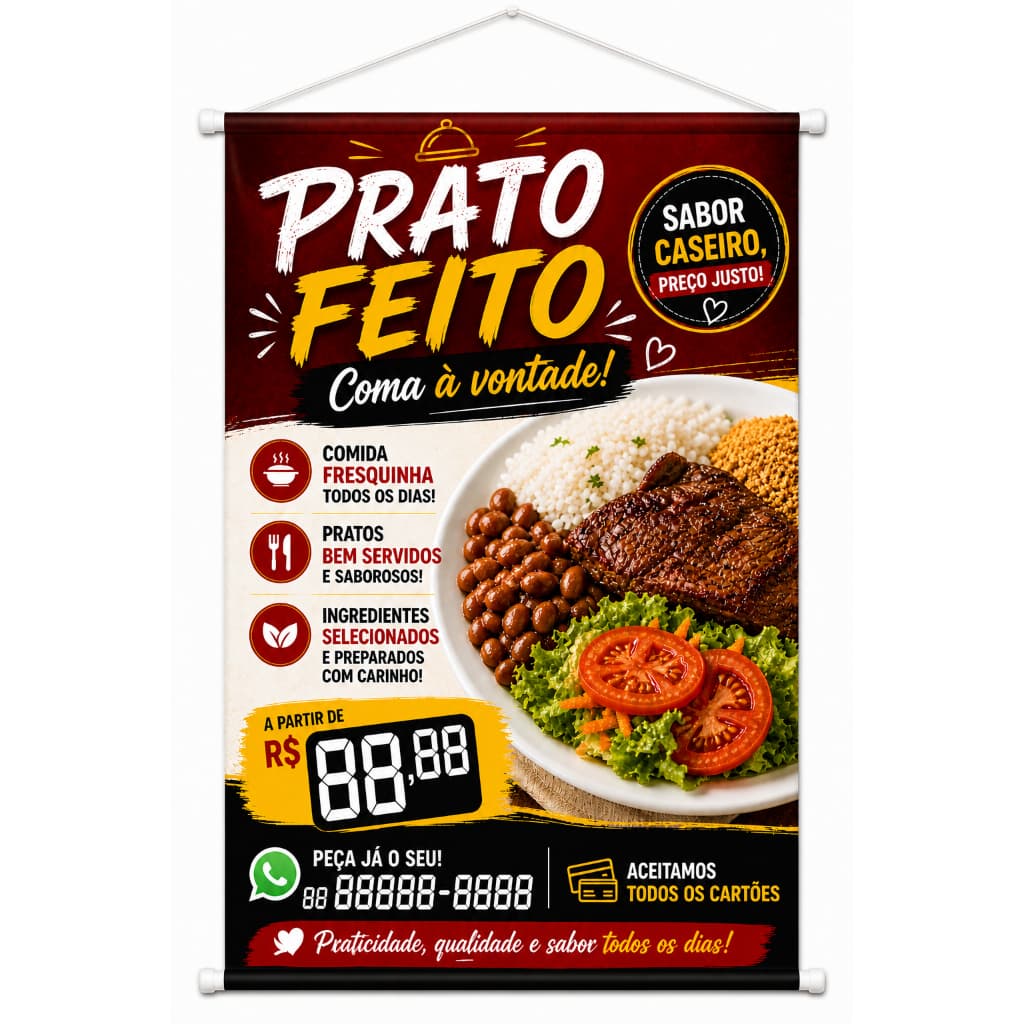 Banner Prato Feito Restaurante, Lanchonete, Padaria, Bares diversos Tamanhos