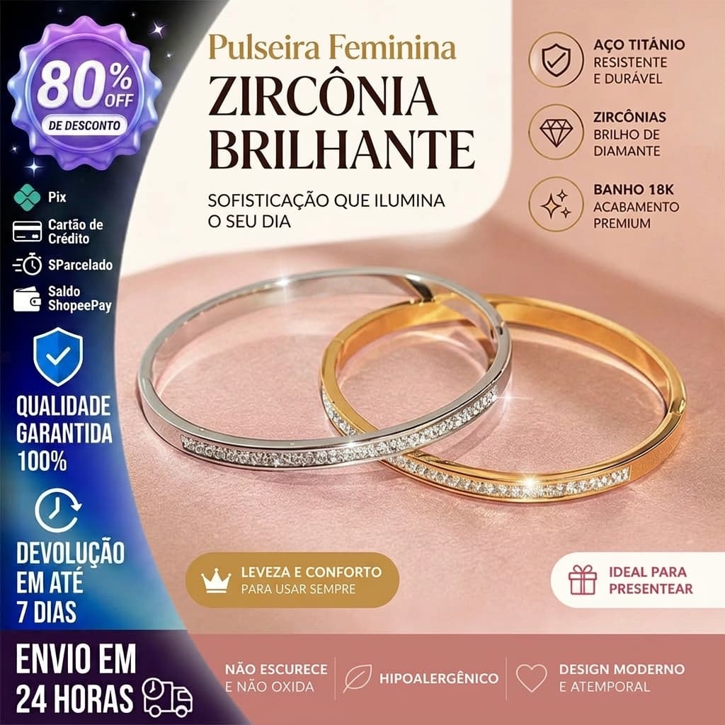 Pulseira Feminina Aço Titânio Banhado Ouro 18K com Zircônia Brilho Diamante Leve Luxo