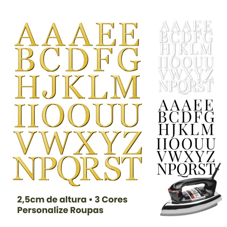Patch Letra Termocolante A-Z 2,5cm Monograma Personalizar Roupa, Mochila e Jaqueta  Branco Preto Dourado DTF Têxtil