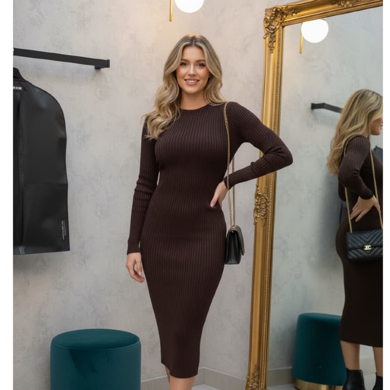 Vestido Manga Longa Midi Canelado Tricot Modal Gola Redonda Estilo Versátil Elegante Moda Feminina