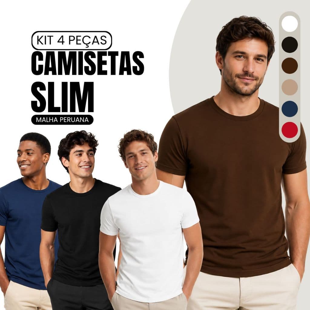 Kit 4 Camisetas Masculinas Slim Algodão Malha Peruana Elastano Fio Penteado Costura Reforçada