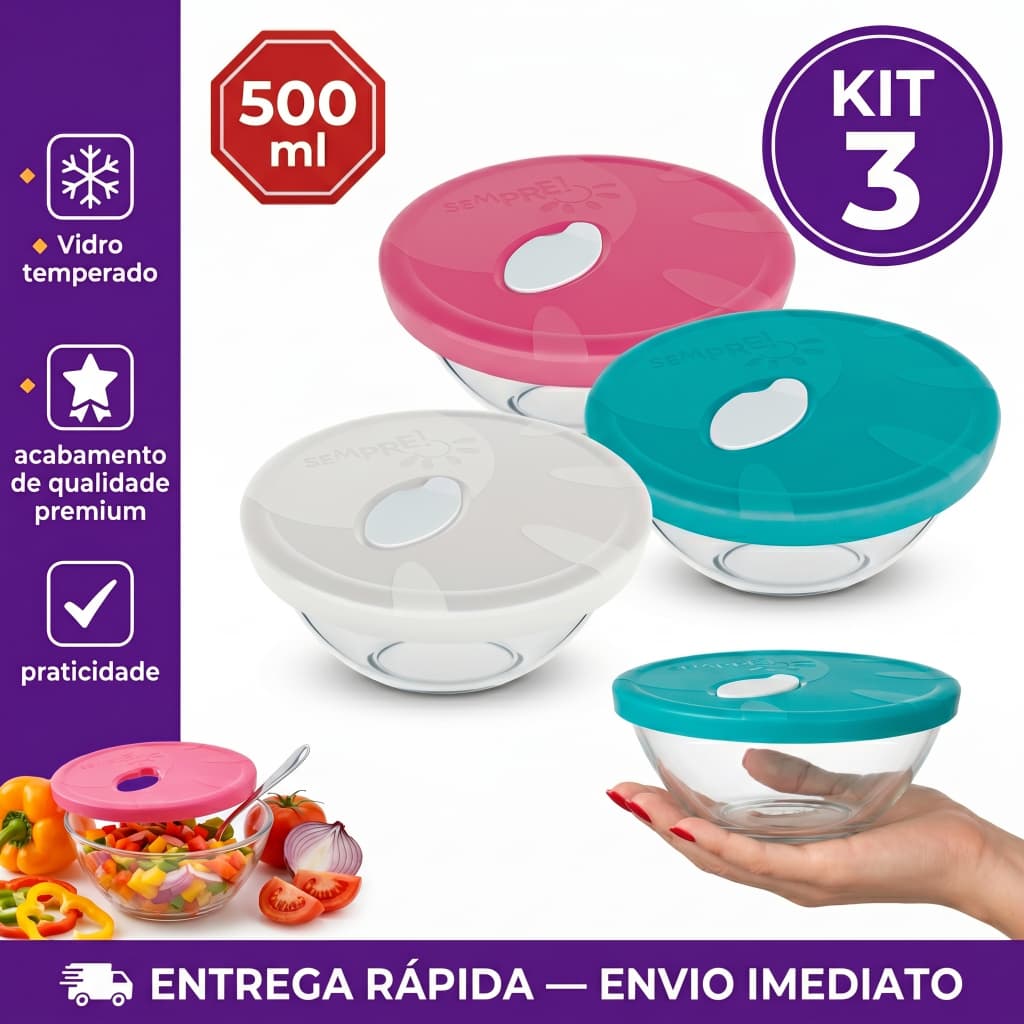Kit Jogo de 3 Tigelas de Vidro para Preparo Sempre com Tampa plástica 500 ml Vidro temperado Pronta Entrega