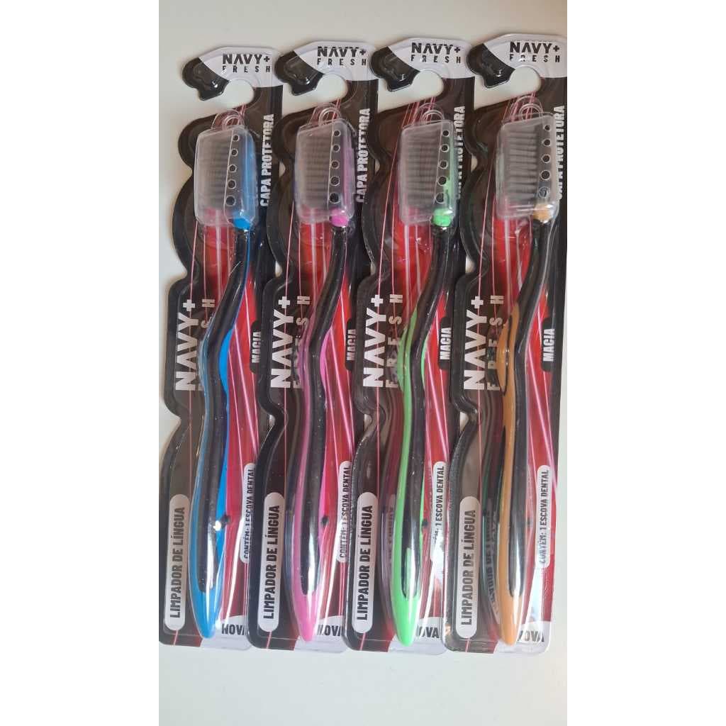 kit 4 Escova Dental Macia Cerdas Preta com capa Protetora e Limpador de língua