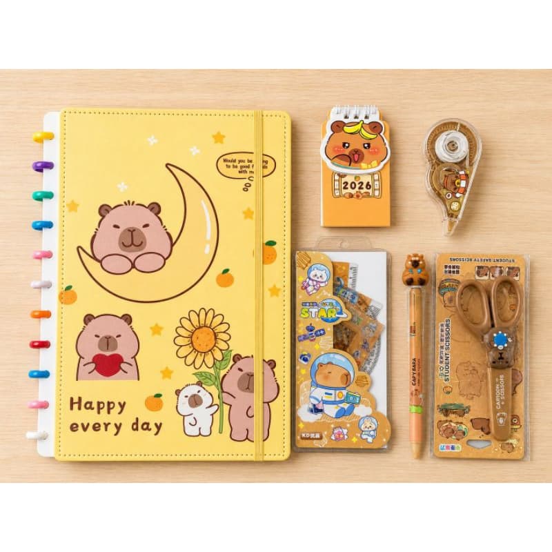 Kit Papelaria Capivara Completo - Caderno de Disco + Itens Kawaii (Escolha o seu Kit Favorito)