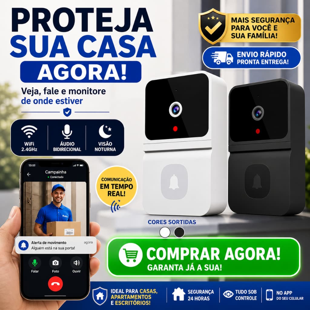 Campainha WiFi com Câmera Visão Noturna App Áudio 2 Vias Sem Fio Video Porteiro Inteligente
