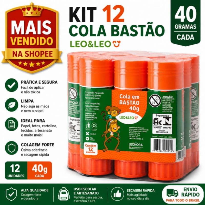 Kit 12 Cola Bastão Leo Leo 40g Escolar Papel Artesanato Escritório  Atacado - Ideal para Revenda