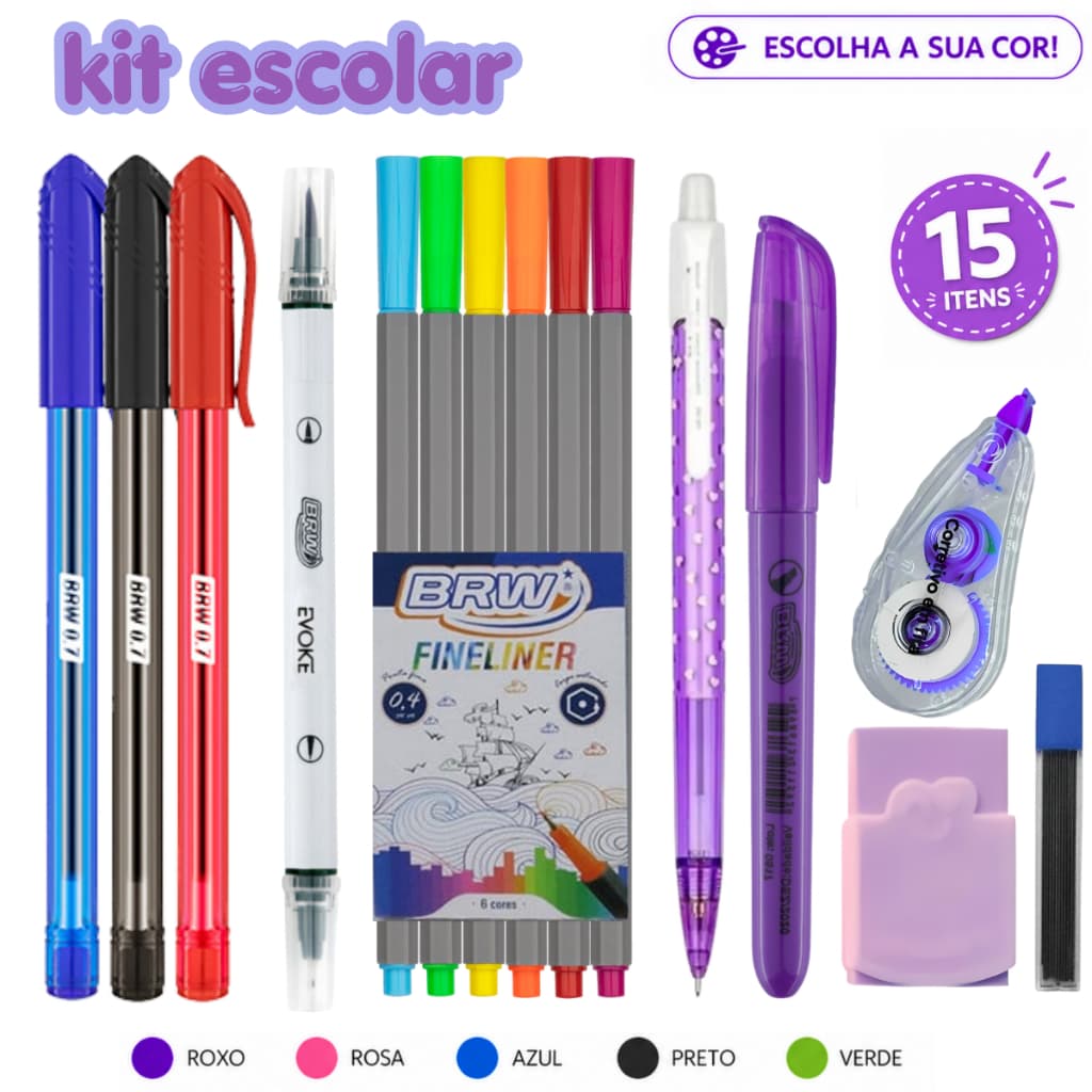Kit Escolar 15 Itens - Canetas - Marca-texto - Corretivo - Lapiseira - Borracha - Grafites