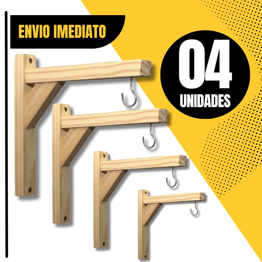 Kit 04 Unidades Suporte Prateleira + Kit Instalação Mão Francesa Madeira Madeira Plantas Prateleira 20x20cm