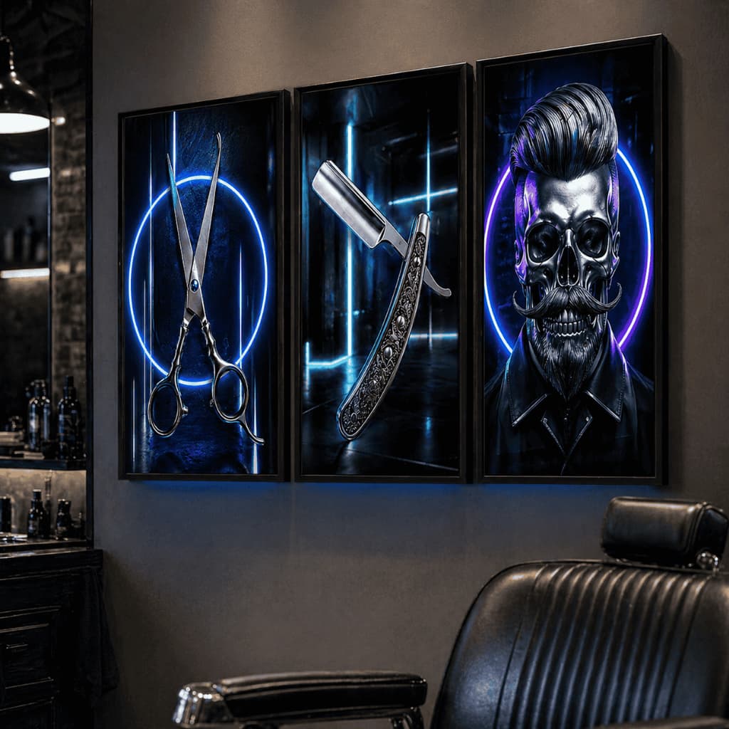 Kit 3 Quadros Decorativos Barbearia Neon Caveira Tesoura Navalha Salão Barber Shop Moldura Preta