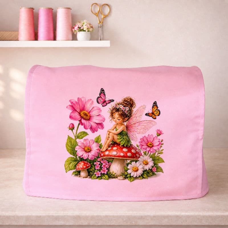 Capa rosa em tecido para maquina de costura com linda estampa e bolsos para acessórios