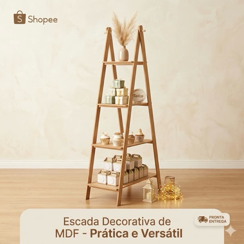 Escada Decorativa MDF de Chão 4 Prateleiras Estante para Festas, Eventos e Decoração de Ambientes - 115cm de Altura
