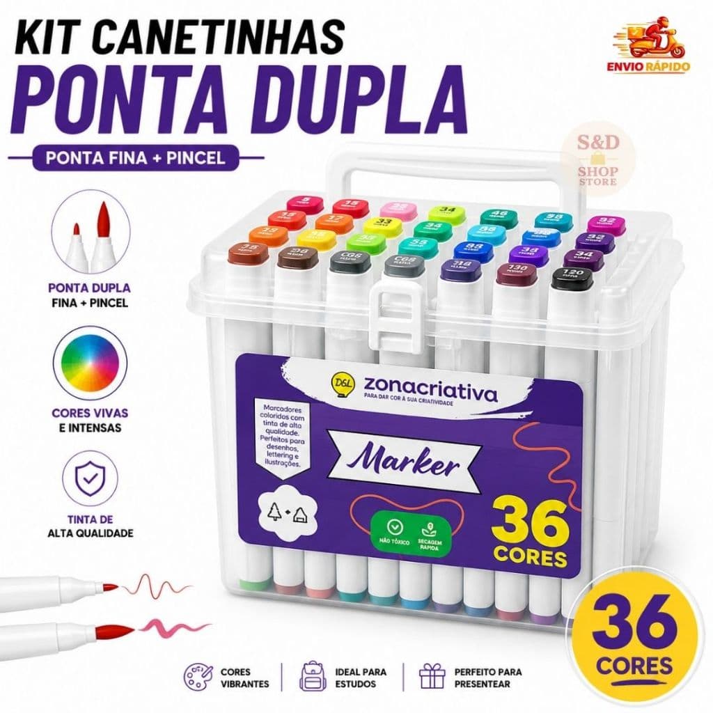 Kit Canetinhas Marcador Ponta Dupla 24 e 36 Cores Com Estojo - À BASE DE ÀGUA