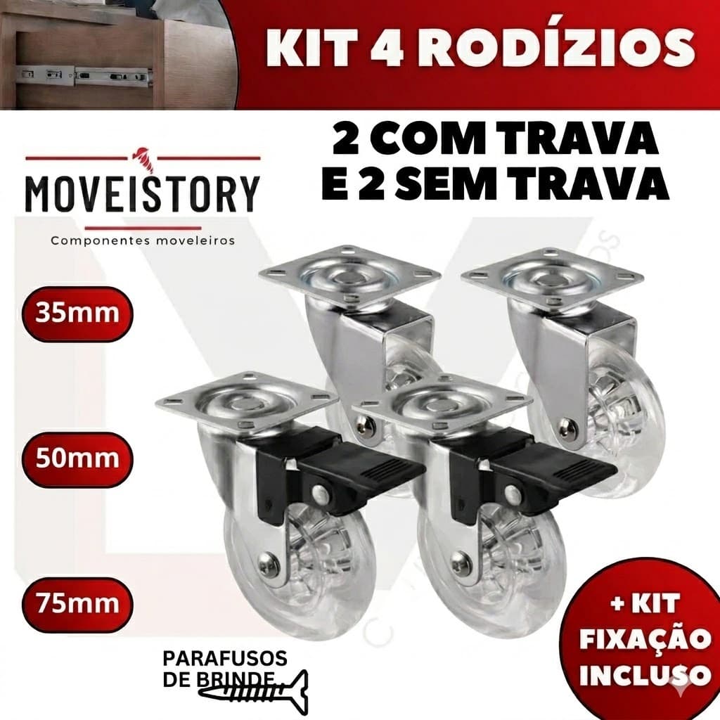 Kit 4 Rodizio Giratório Rodinha Silicone 2 Com Trava 40kg
