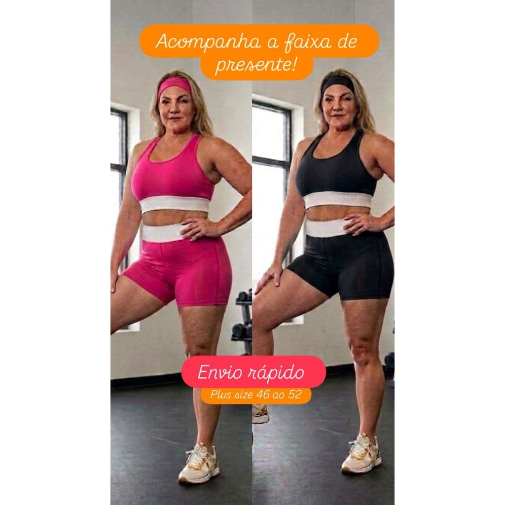 Conjunto Academia Top Duplo Tecido Bermuda Modela e Faixa Cós Alto Compressão Plus Size Envio Rápido