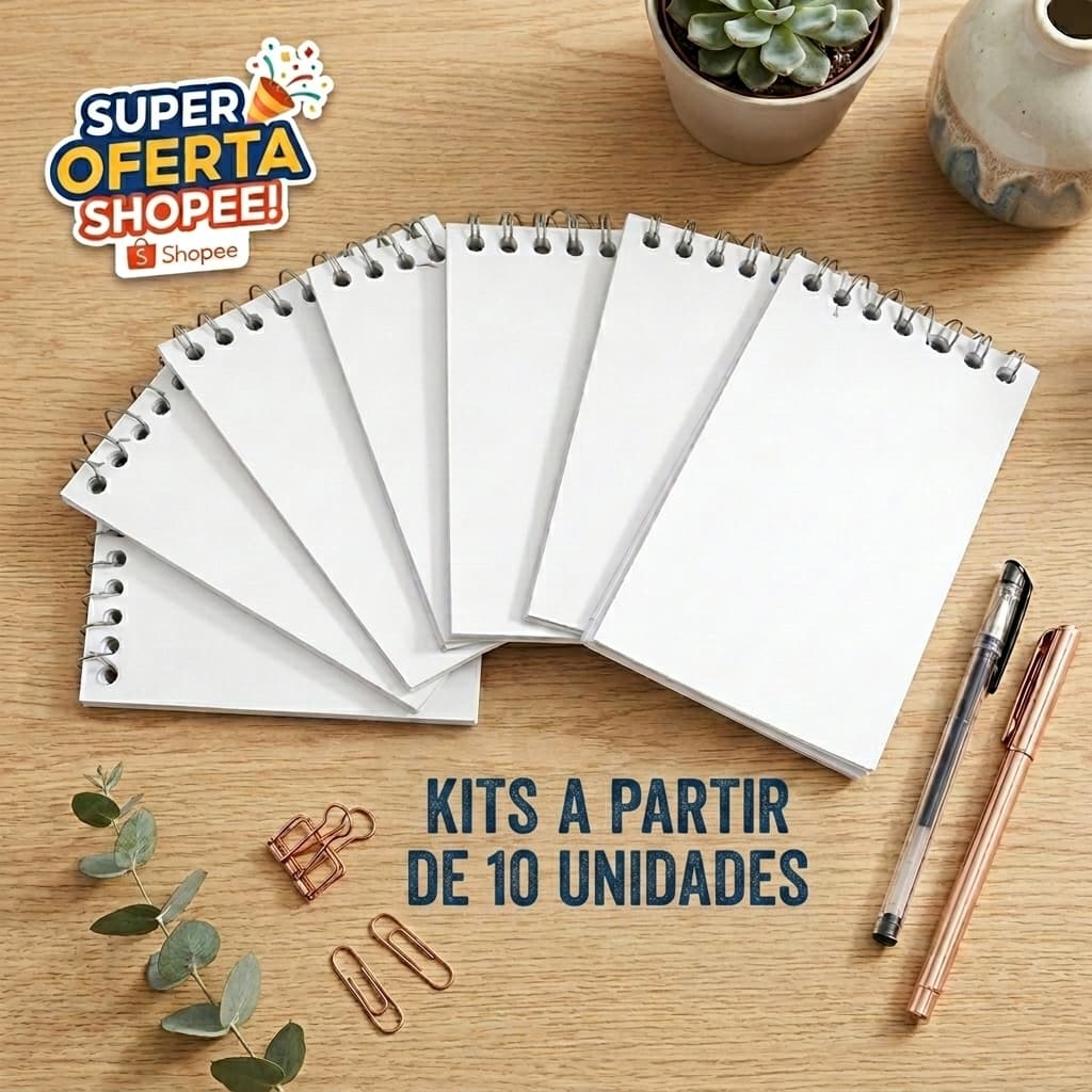 Kit Mini Caderno Espiral 40 Folhas - Brinde - Bloco de Notas Compacto Capa Lisa para Personalizar