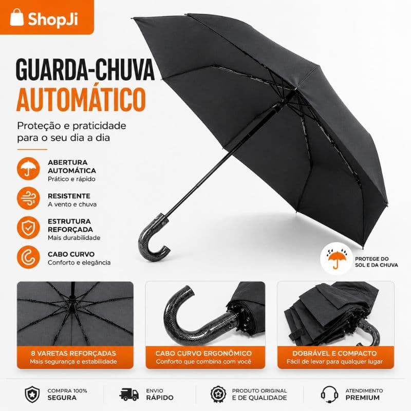 Guarda Chuva Angel Executivo Automático Gancho Unissex Anti Vento Reforçado 3 Dobras Preto Premium