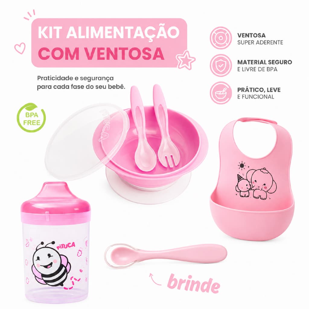 Kit Alimentação Para Bebê Completo Pratinho + Babador de Silicone