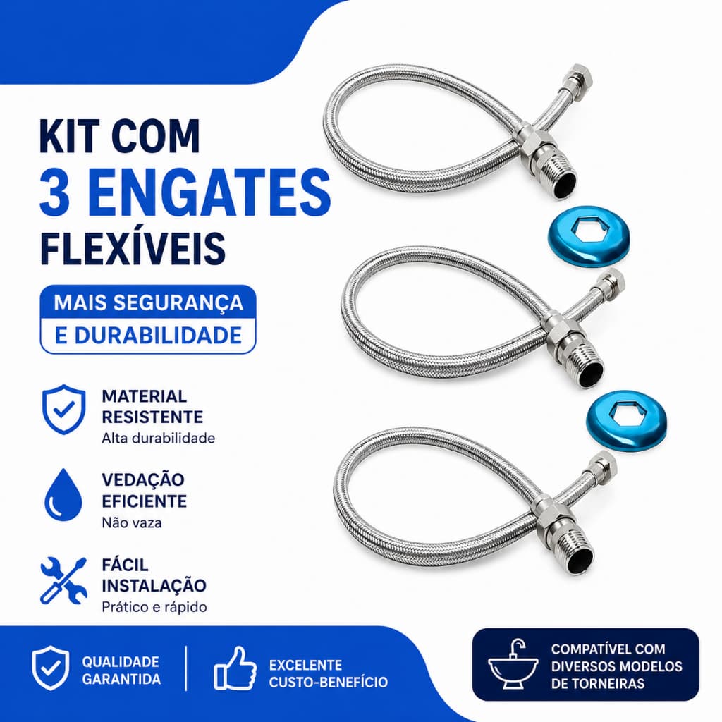 3 Mangueira Engate Flexível (60 cm) Trançado Aço Inox Agua Quente e Fria