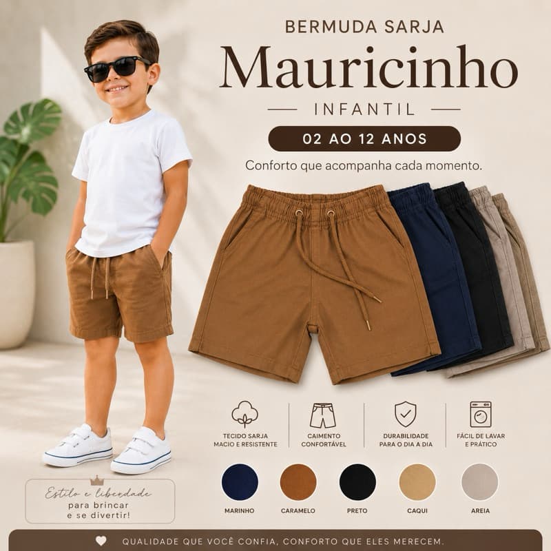 Bermuda Mauricinho Infantil Masculina Brim Sarja Premium Confortável Shorts Menino 02 ao 12 Anos