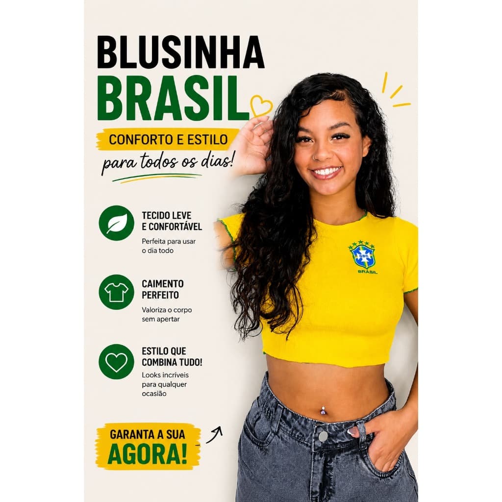 Cropped Estilo Brasil Manga Curta Canelado Croped Feminino Copa Torcida  Amarelo Azul e Branco Blusinha Novo Tendencia