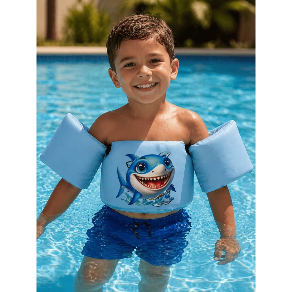 Kit  Boia Colete Tubarao +  Sapatilha Aquática Piscina Praia Infantil Menino NEOPRENE