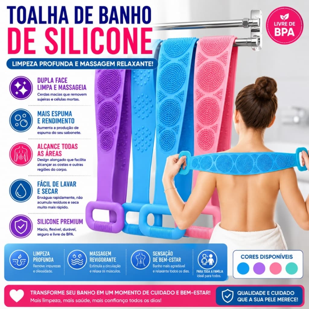 Escova Silicone Corporal Para Banho Limpeza Profunda Costas Massageadora e Esfoliante