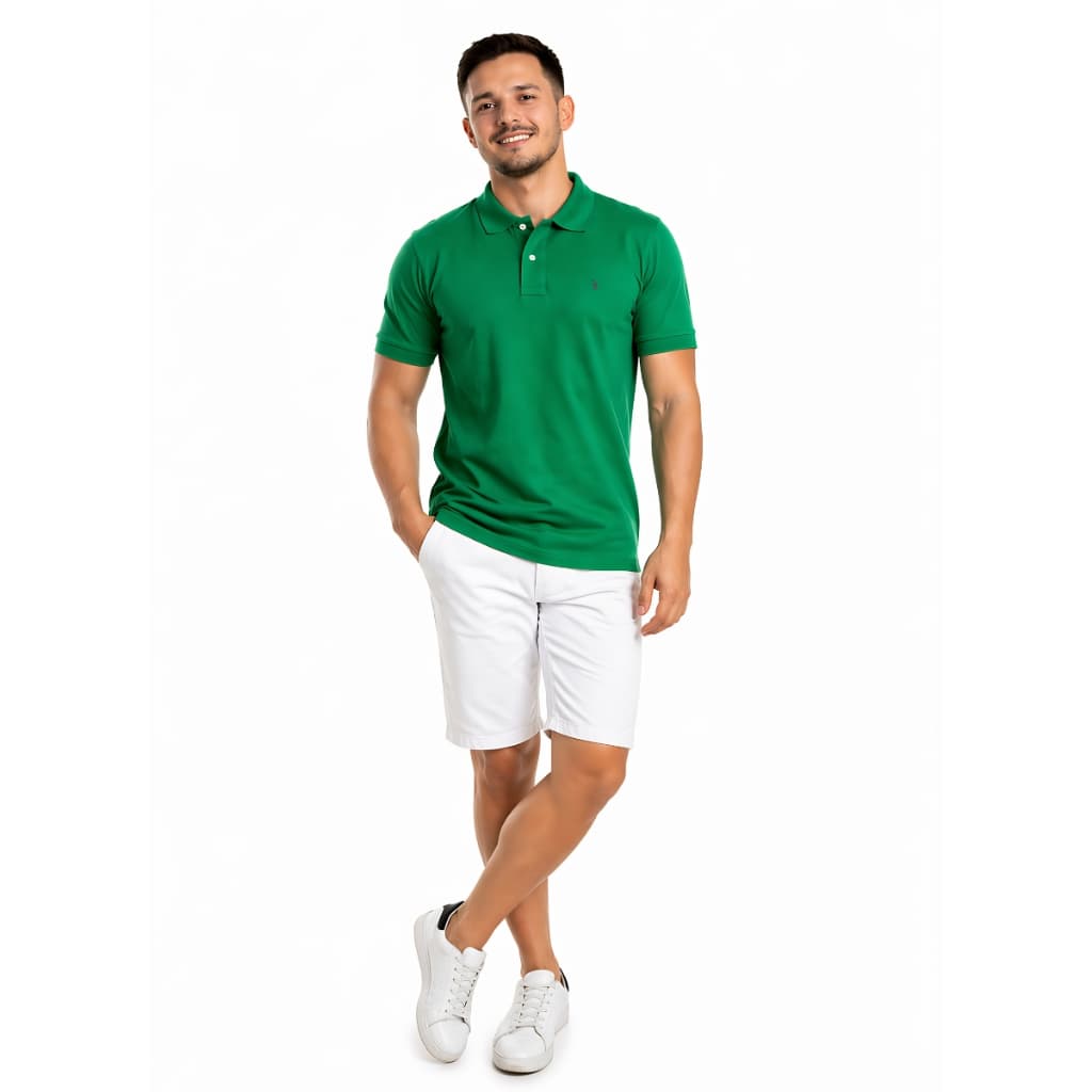 Camisa Polo Masculina Slim Verde Lisa Piquet Casual Confortável Estilo Básico Gola Tradicional