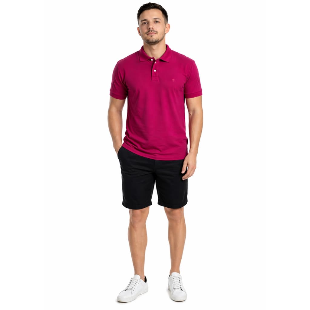 Camisa Polo Masculina Slim Rosa Lisa Piquet Confortável Gola Tradicional Manga Curta Casual