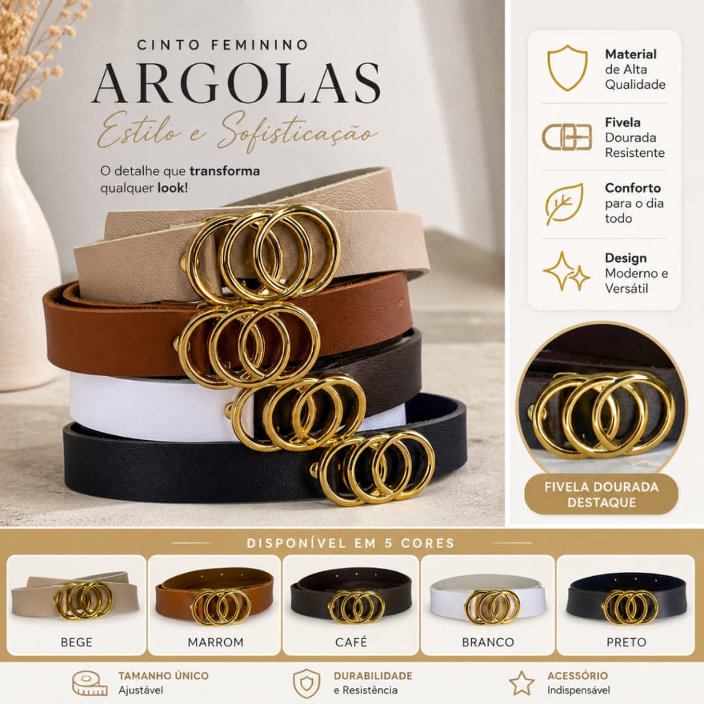 Kit Cintos Femininos Fivela Três Argolas Douradas Blogueira Tendência Moda Luxo Cinto para Vestido Calça Jeans Alfaiatar
