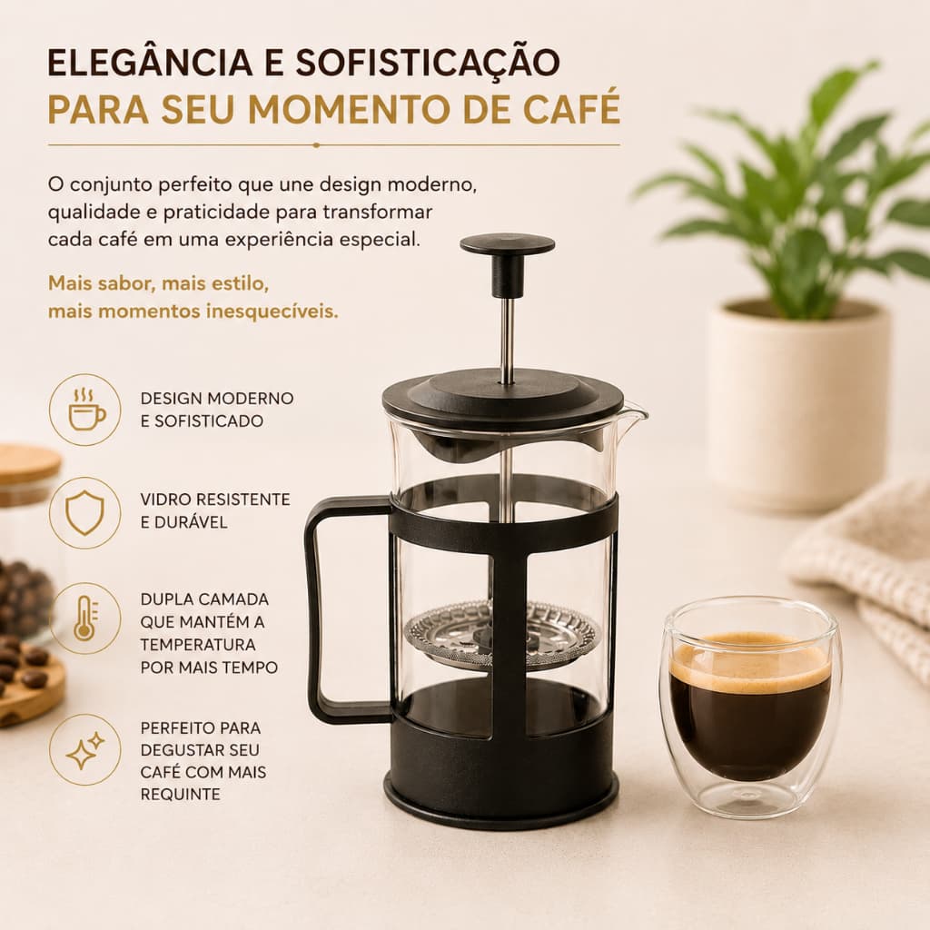 Kit Cafeteira Francesa 300ml + Jogo 2 Copos Vidro Dupla Camada Prensa Francesa Café Gourmet Premium