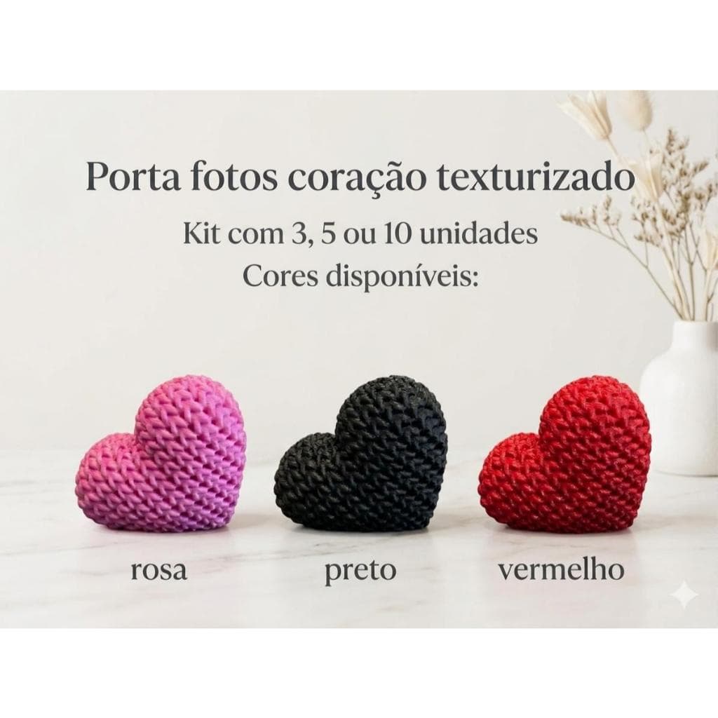 Kit suporte porta fotos/recados texturizado coração - 3, 5 ou 10 unidades