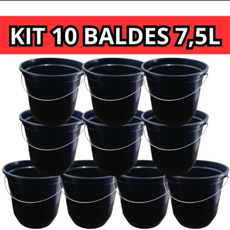 Balde 7,5L Super Resistente Plástico Reforçado Alça Metálica 1 até 10 unid
