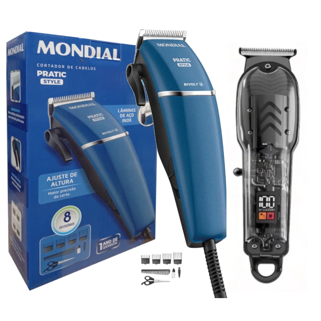 Kit Máquina Corta Cabelo Mundial Bivolt + Aparador Acabamento Barba Pelos