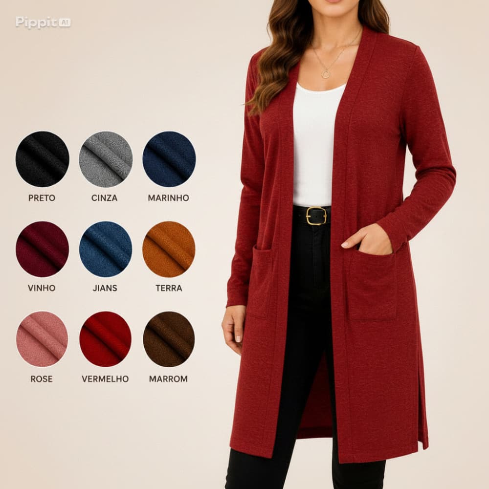 Cardigan Feminino Alongado Inverno de Lãzinha com Bolso Moda Feminina Elegante